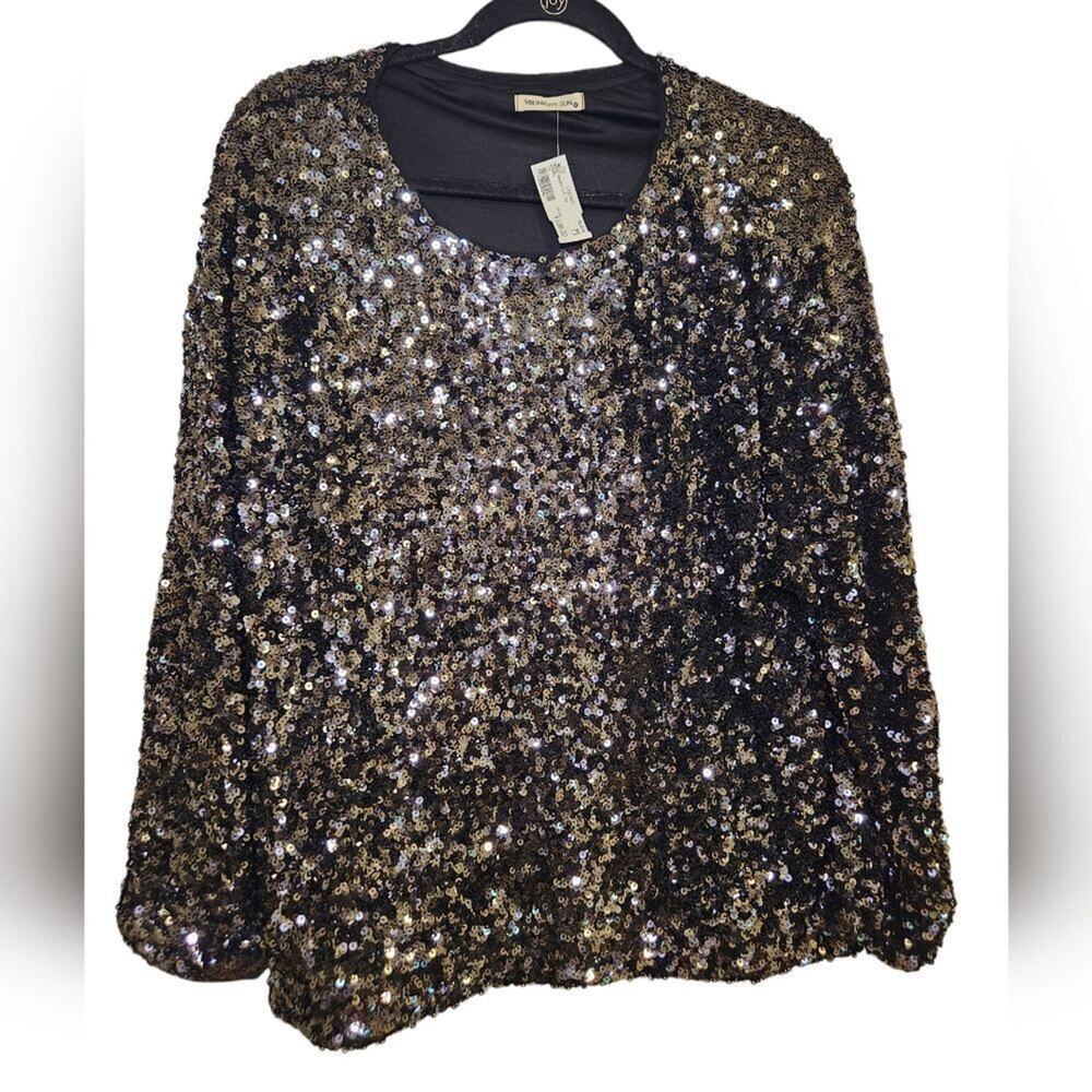Midnight Sun NWT Sequin Evening‎ Top Long Sleeves Black Lined Size Medium